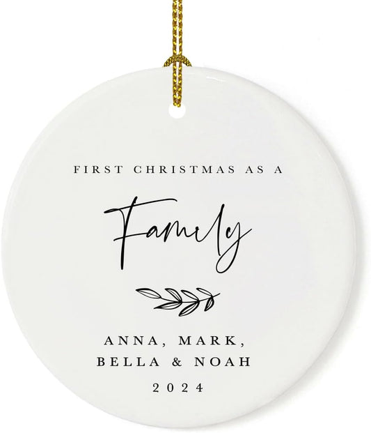 Andaz Press Personalized Round Ceramic Porcelain Christmas Tree Ornament Keepsake Collectible Gift, Our First Christmas as a Family, Anna, Mark, Olivia & Noah 2024, Antique Handdrawn, 1-Pack