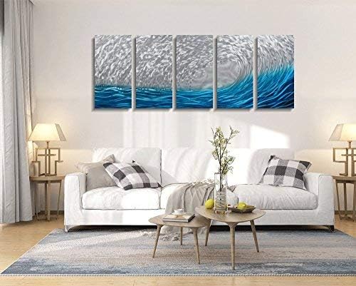 Yihui Arts Metal Wall Art - Silver Sea Waves 3D Sculpture, 5 Piece Hand Crafted Aluminum Coastal Artwork for Large Abstract Living Room, Bedroom, Bathroom Decor - Blue