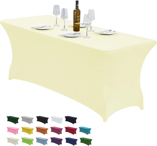CWK 6FT Waterproof Stretch Spandex Table Cover for Rectangular Tables - Elastic Fitted Tablecloth for Folding Tables,Wrinkle Resistant Table Cloth for Parties, Weddings, Banquets & Events (Beige)