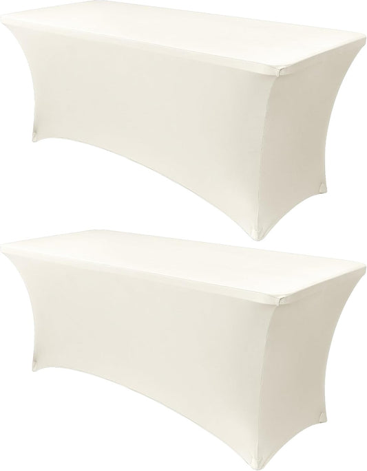 Obstal 4Ft Stretch Spandex Table Cover for Standard Folding Tables - 2 Pack Universal Rectangular Fitted Tablecloth for Party, Banquet, Events, Trade Show (Cream, 48L x 24W x 30H Inches)