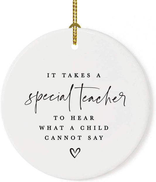Andaz Press Round Ceramic Porcelain Christmas Tree Ornament For Teacher, It Takes A Special Teacher To What A Child Cannot Say, Heart Graphic 1-Pack Autism Therapist Special Education Teacher Ornament