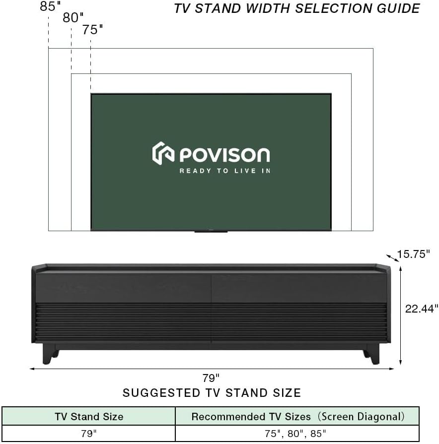 POVISON Fully-Assembled Mid Century Modern TV Stand with Legs, 78.74" Wood Media Console with Adjustable LED Light, Entertainment Center with Storage for Living Room