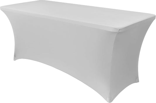Obstal Stretch Spandex Table Cover for Standard Folding Tables - Universal Rectangular Fitted Tablecloth Protector for Wedding, Banquet and Party (Silver, 4 Ft)