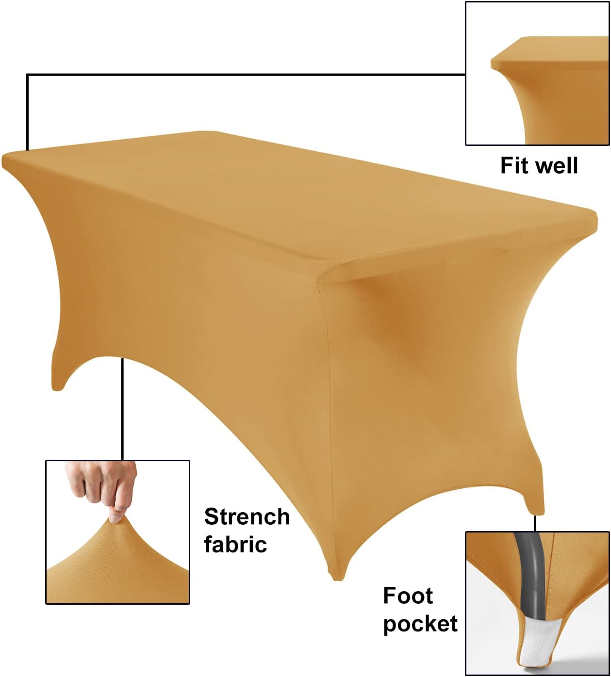 Spandex 6ft Waterproof Table Cover for Party,Wedding, Banquet, and Events(Gold)