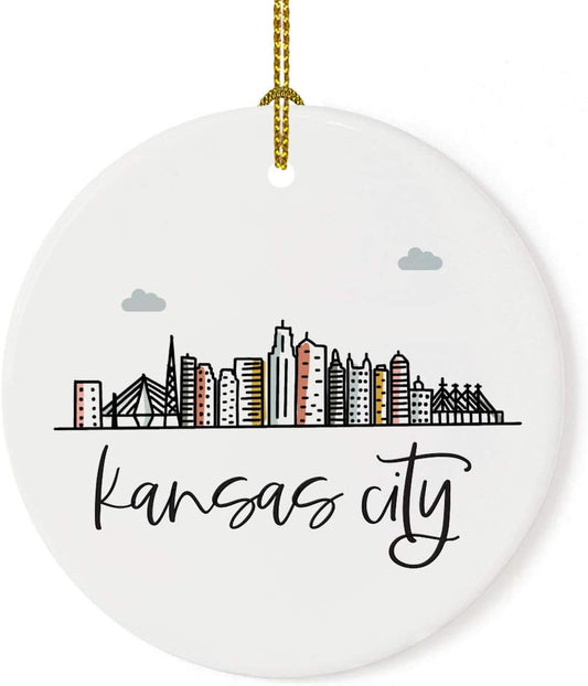Andaz Press Round Ceramic Porcelain Christmas Tree Ornament, Colorful Kansas City Skyline 1-Pack, Birthday & for Family & Coworkers, Includes Box