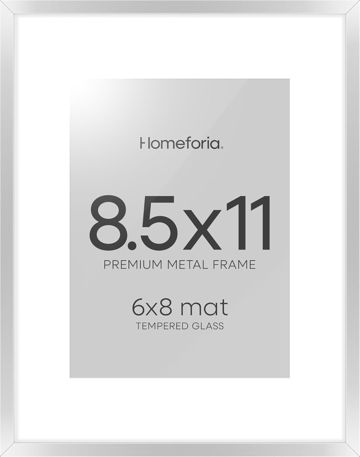 Homeforia 8.5x11 Picture Frame Silver, High End Metal 8.5 x 11 Poster Frames with Mat 6 by 8 Photo, 11x8.5 Frame Matted to 6x8 Print, 8.5by11 Wall or Tabletop Frame, Tempered Glass, Wall Kit, Set of 1