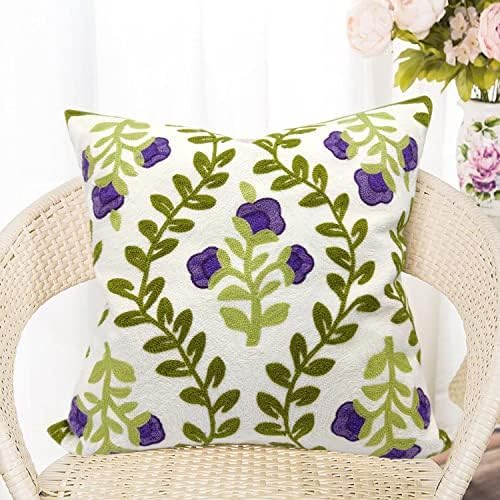 Alysheer Floral Embroidered Spring Decorative Throw Pillow Cover 18"x 18", Farmhouse Cottage Purple Flowers Green Leaves Knit Pattern Cotton Canvas Cushion Case for Sofa Couch Bed Living Room Decor