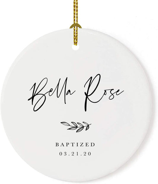 Andaz Press Personalized Round Ceramic Porcelain Christmas Tree Ornament Engagement Collectible Gift for Baby, Ava Marie Carter Baptized 03.21.20, Antique Handdrawn, 1-Pack