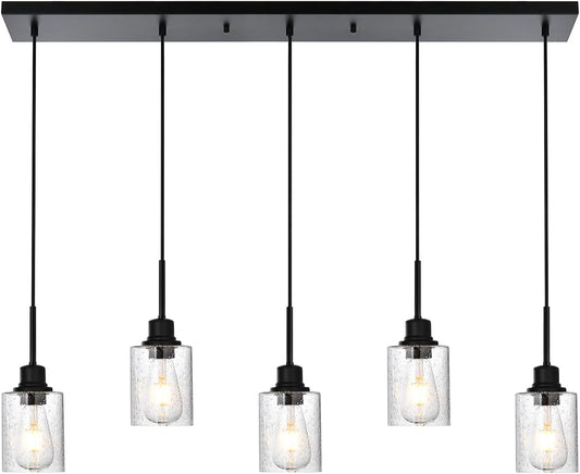 Black Chandelier 5 Light Dining Room Lighting Fixtures Hanging Linear Pendant Lights Industrial Modern Chandelier with Seeded Glass for Kitchen Island Living Room Bedroom Foyer Hall Entryway