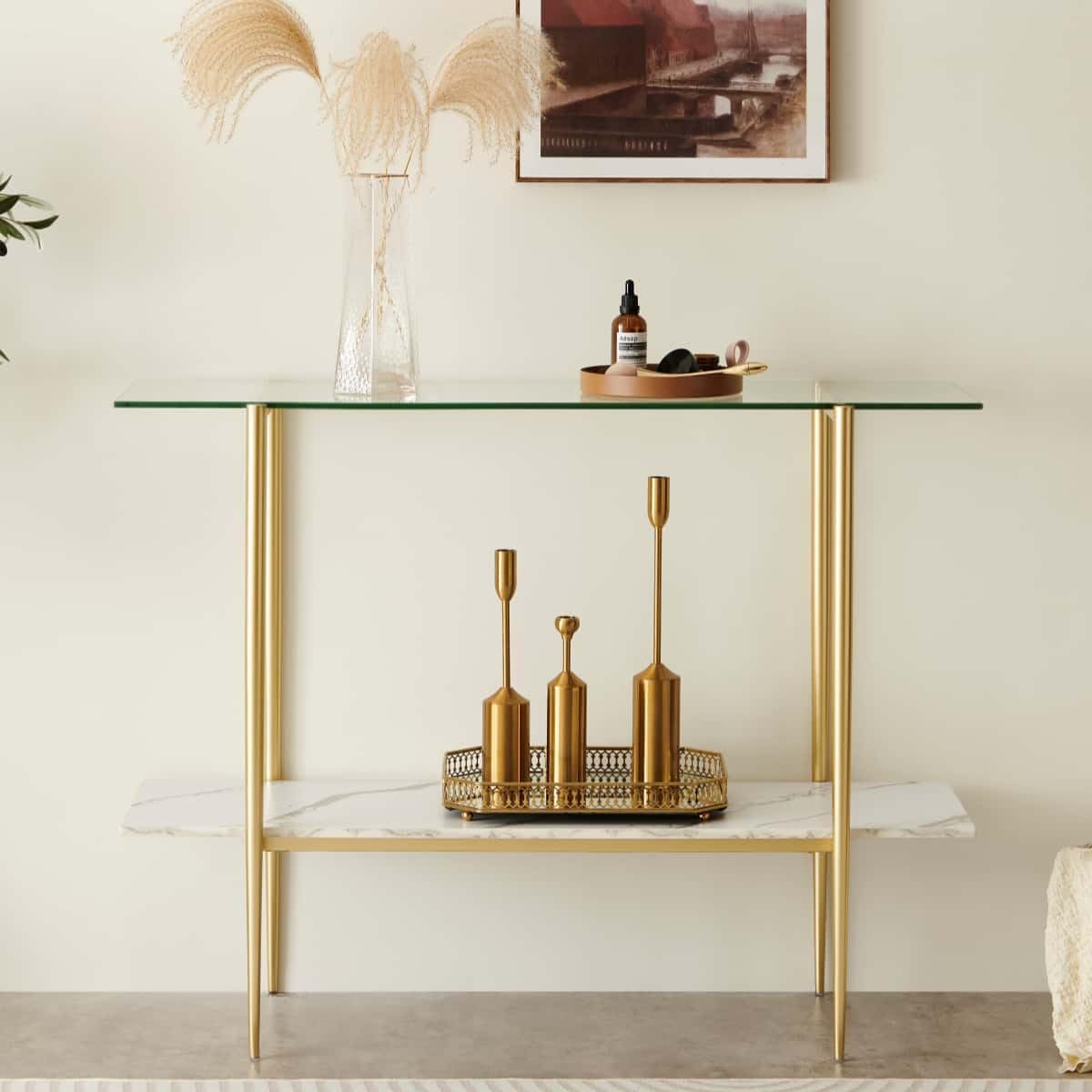 Glass Console Table for Living Room, Foyer & Entrance, 2-Tiers Mid-Century Modern Sofa Table with Clear Glass Top, White Marble Finish Wood Shelf and Gold Finish Frame