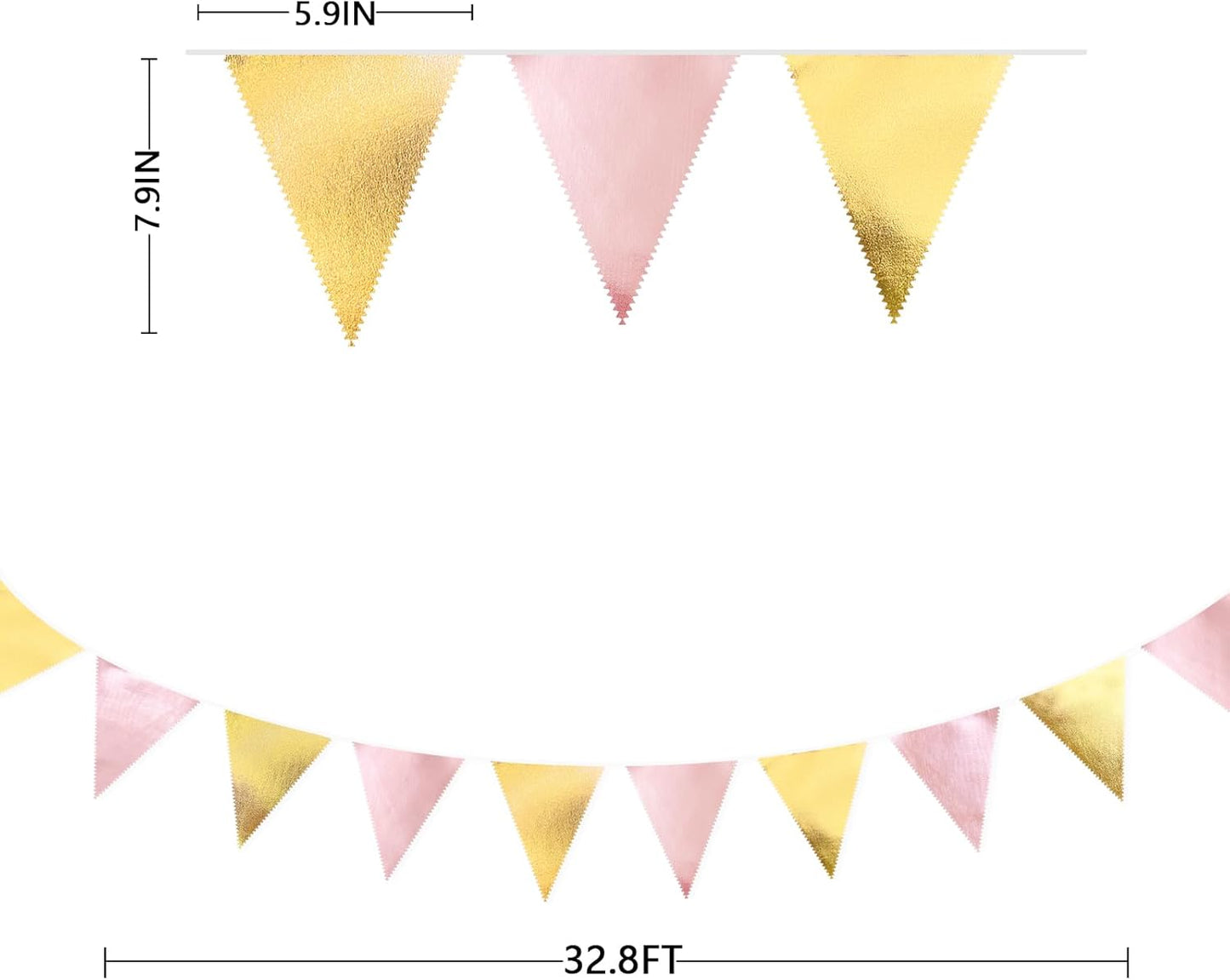 Pink Gold Party Decoration Metallic Fabric Light Pink Gold Triangle Pennant Banner Flag Bunting Garland for Women Girl Birthday Retirement Graduations Bridal Shower Wedding Baby Shower Party Supplies