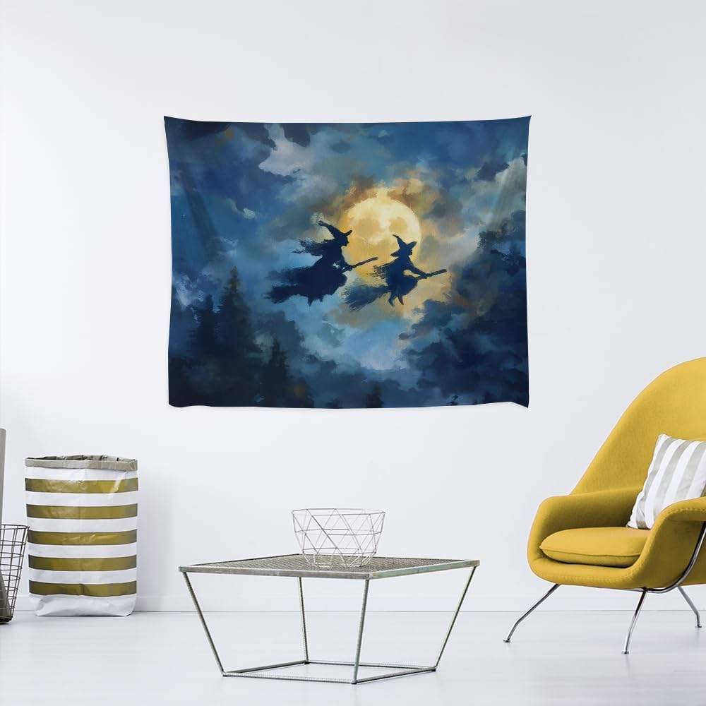 Spooky Halloween Witch Tapestry Wall Hanging Dark Fantasy Night Sky Aesthetic Print Flying Witches Under Full Moon Tapestries Horror Ghost Halloween Party Decor for Living Room Bedroom 30x40inch
