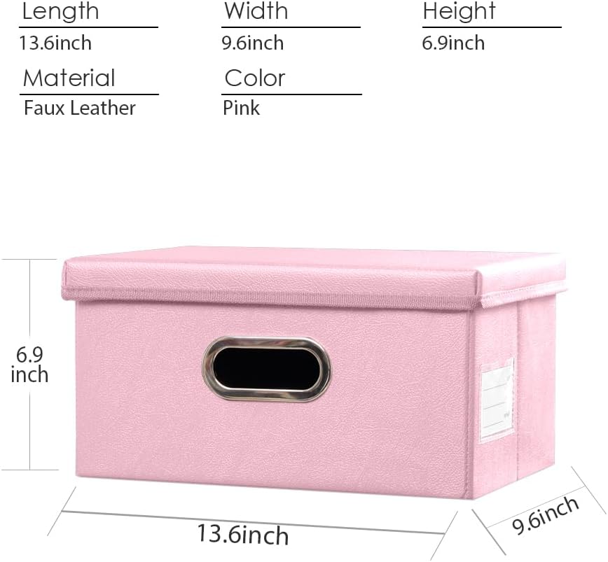 PRANDOM Collapsible Storage Box with Lid [3-Pack] Leather Fabric Foldable Storage Bin Organizer Container Basket Cube with Cover for Home Bedroom Closet Office Nursery Pink(13.6x9.6x6.9)