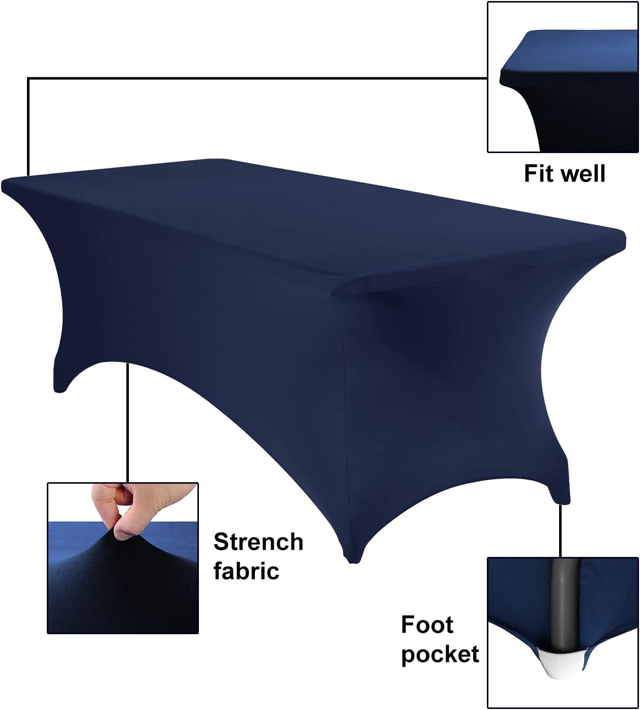 4Pack Spandex Waterproof Table Covers 8ft，Spandex 8ft Waterproof Table Cover for Party,Wedding, Banquet, and Events(Navy)
