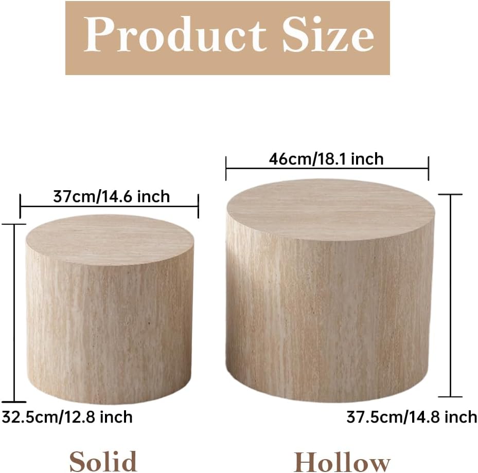 Round Nesting Coffee Table Set of 2 Modern Small Round Coffee Table Travertine Side Table Small End Table Circular Coffee Tables Circle Nested Coffee Tables for Living Room (Travertine)
