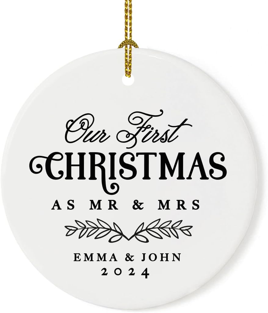 Andaz Press Personalized Our First Christmas As Mr. & Mrs. 2024 Christmas Ornaments Laurel Wreath Leaves 2.8" Round Porcelain Ceramic 1st Year Married Custom Ornament Keepsake for Newlyweds 1-Pack