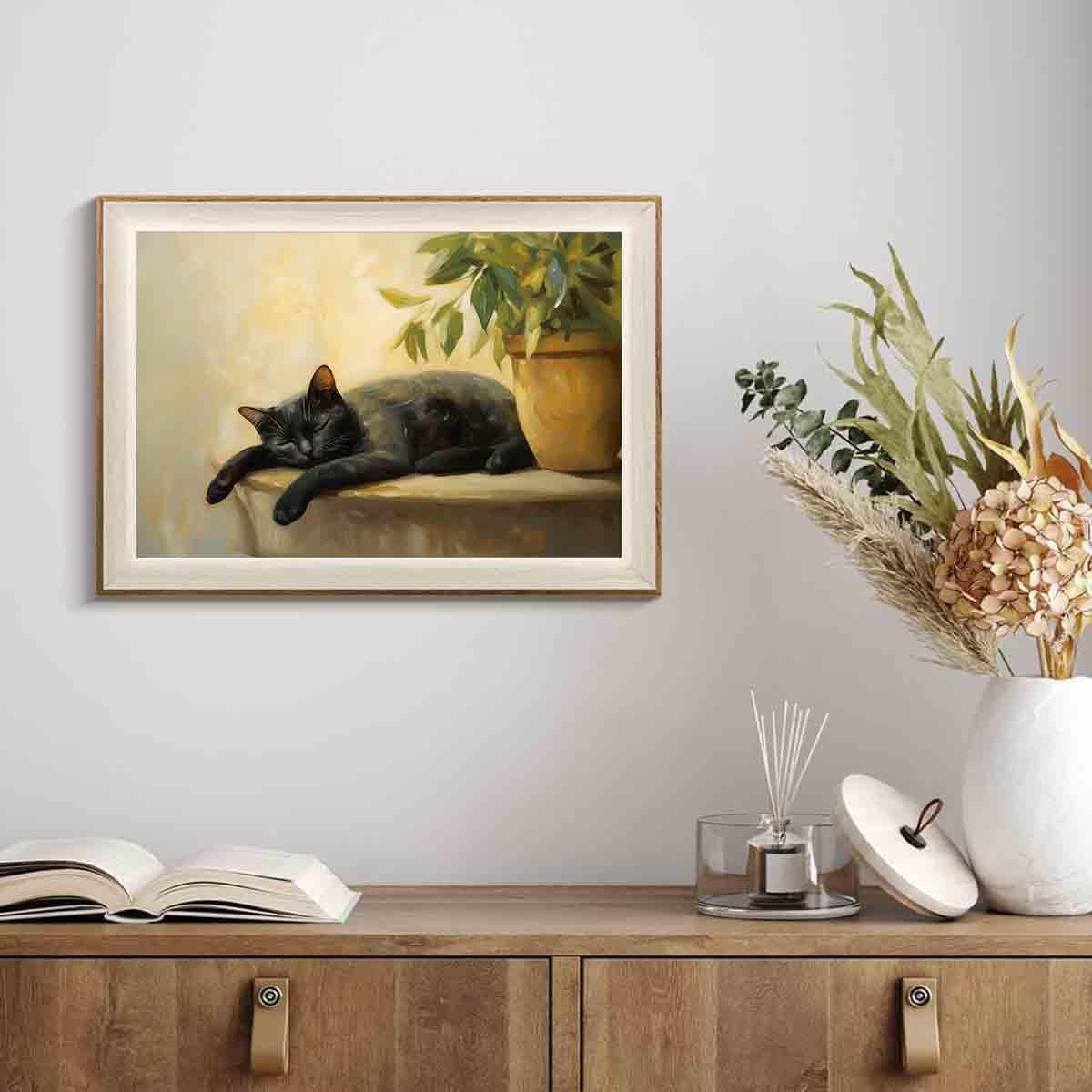 Black Cat Poster Lovely Cat Sleeping Picture Retro Plant Wall Art Still Life Painting Vintage Vase Canvas Animal Artwork Plant Living Room Decor 16x24inch No Frame