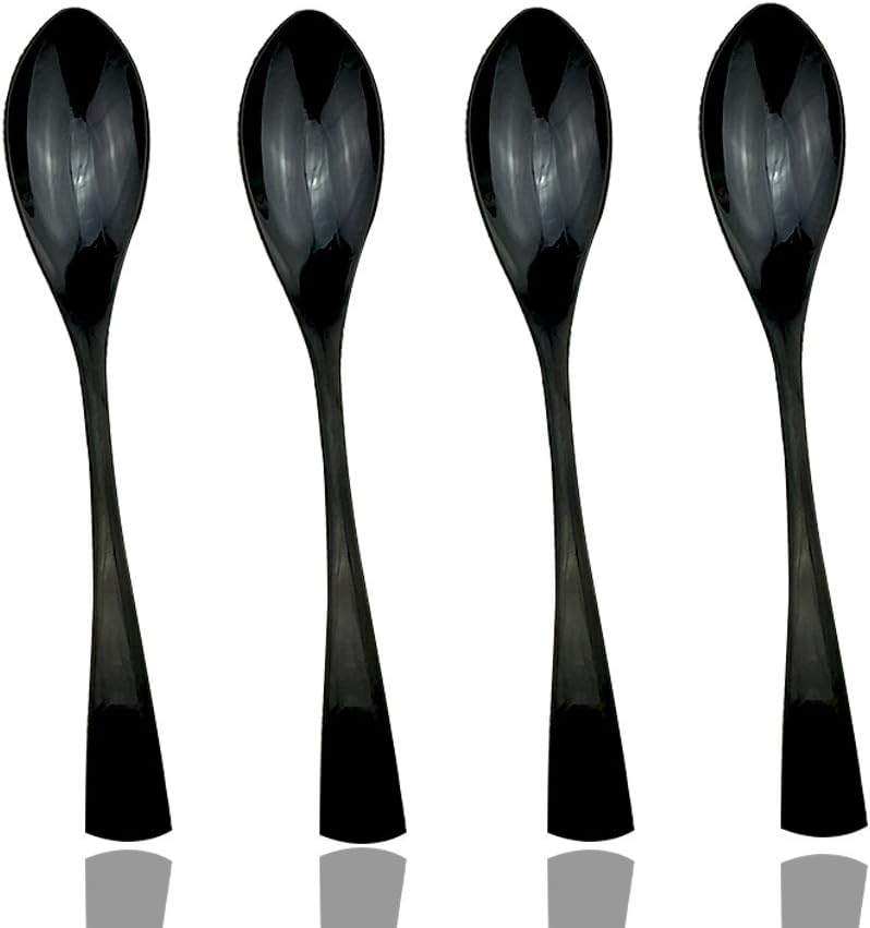 JASHII 18/10 Stainless Steel 4 Piece Mirror Polished Black Dessert Spoon Salad Spoon Black Server Utensil Set 19CM