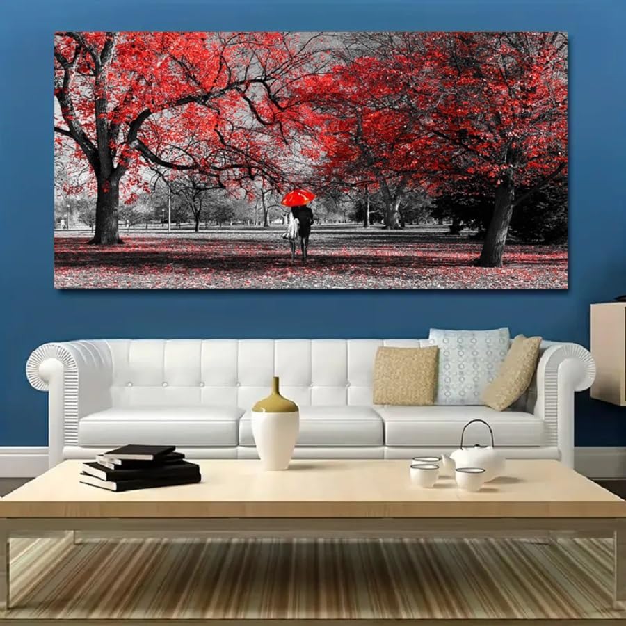 Bamdeya Black White and Red Canvas Wall Art Tree Painting Forest Prints Art Scenery Picture Romantic Couples Artwork for Wall Framed Large Wall Art Living Room Décor Wall Art Bedroom-30x60inches
