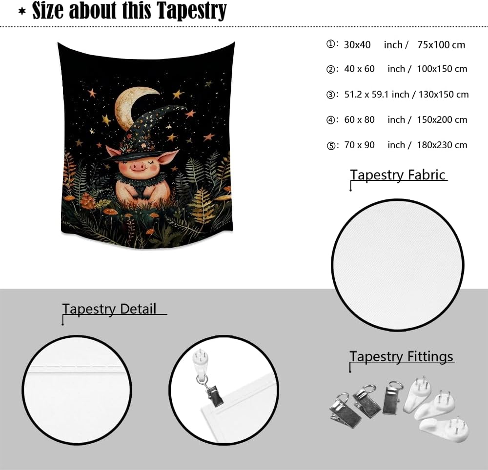 Whimsical Witch Pig Tapestry Wall Hanging Cute Farmhouse Animal Tapestry Aesthetic Moon and Stars Pictures Print Cottagecore Witchy Halloween Artwork Tapestries Decor for Living Room Bedroom 30x40inch