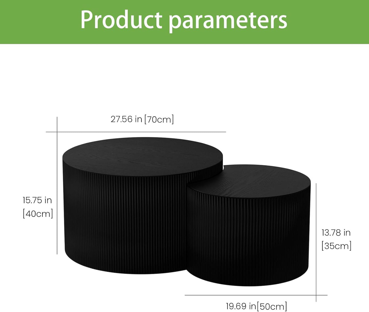 Round Coffee Table Set of 2, Nesting Coffee Table and End Table Set Small Circle Drum Side Table for Living Room Office, No Assembly (D Black Crescent)