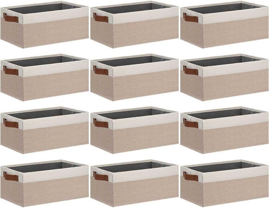 GhvyenntteS Small Fabric Storage Bins 12 Pack, 11.8" x 7.87" x 5.11" Storage Basket with Leather Handles, Closet Storage Bins for Shelves, Storage Baskets for Shelves, DVD Storage (Pink/White)