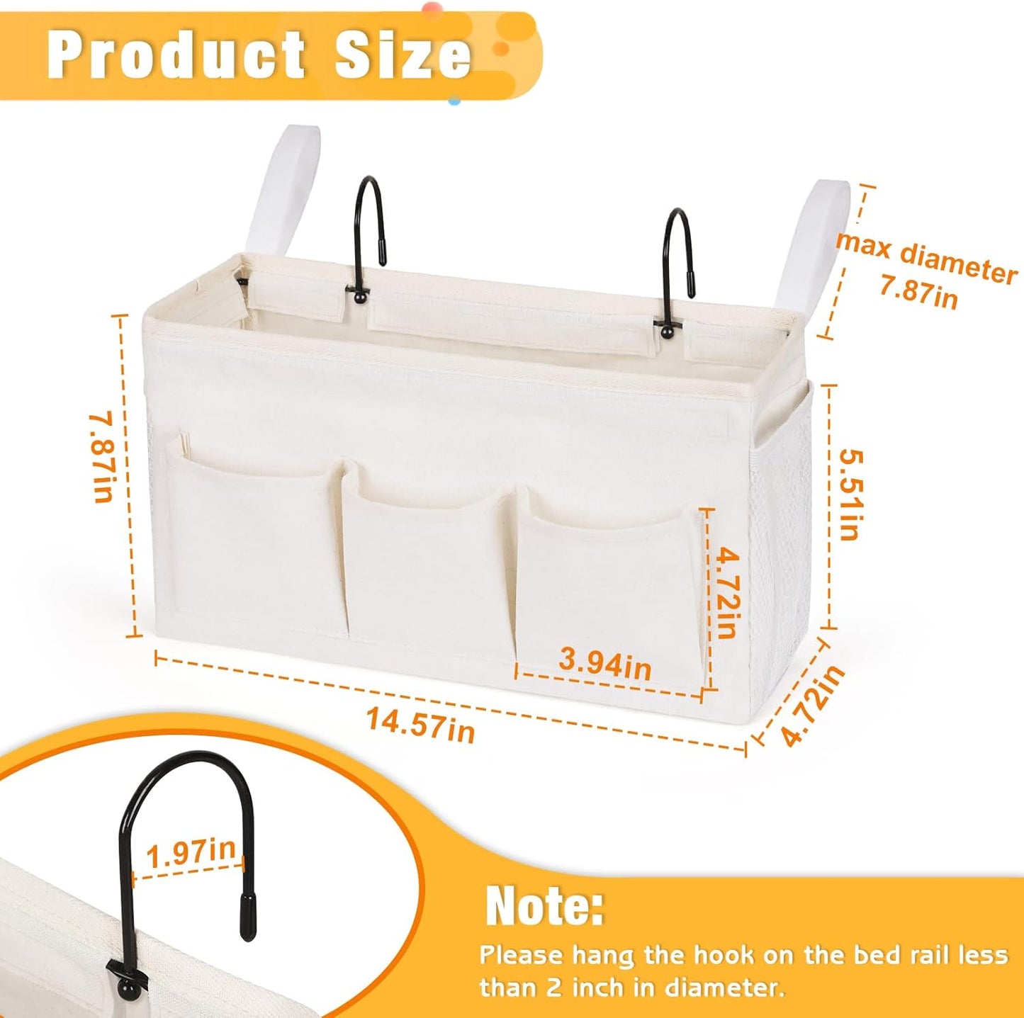 Bedside Caddy Bedside Organizer Bedside Storage Caddy with Fixed Straps and Water Bottle Holder for Home College Dorm Bunk Bed Hospital Bed Crib Bed Rails (White)