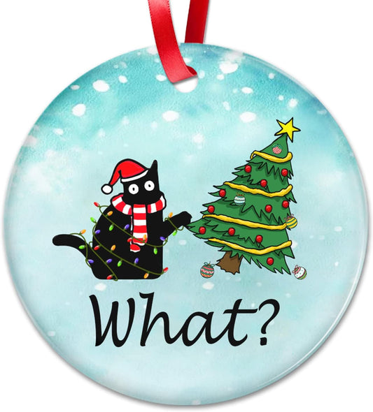 OASSIE Funny Black Cat Gifts for Women Men - Ceramic Christmas Ornaments 2025 for Tree Decorations - Christmas Cat Lover Gifts for Women Animal Lovers, Funny Ornaments, White Elephant Gift Ideas