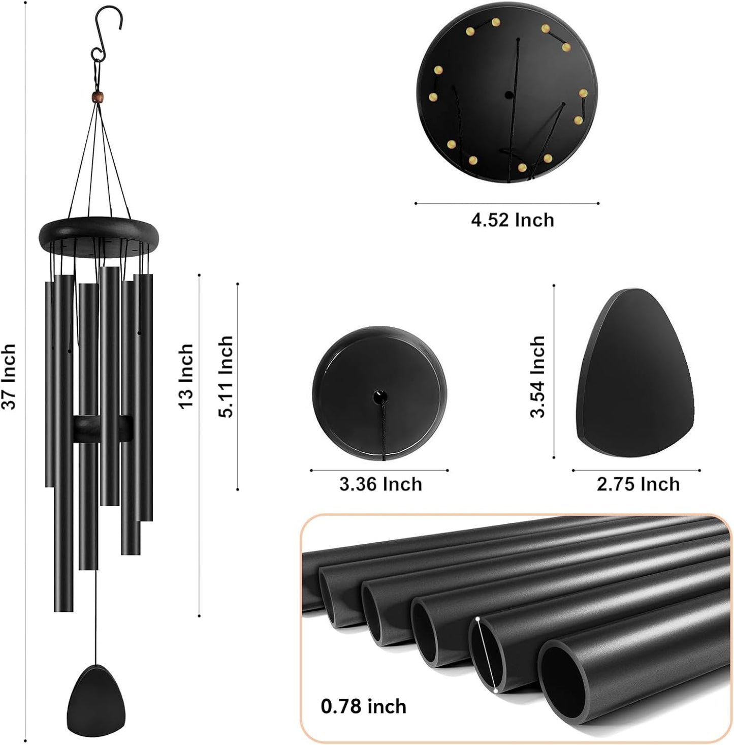 Large Aluminium Wind Chimes 37 Inches to Create a Zen Atmosphere Suitable for Outdoor, Garden, Patio Decoration. Classic Wind Chimes with Wind Catcher as a Gift for Unisex(Whole Black)