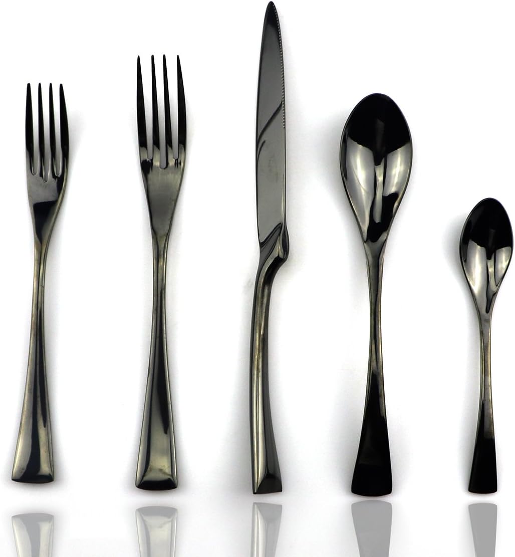 JASHII 18/10 Stainless Steel 20 Piece Mirror Polished Black Flatware Set,Dinner Knife Fork Salad Fork Dessert Spoon Coffee Spoon，Service for 4 ，Black Utensil Sets