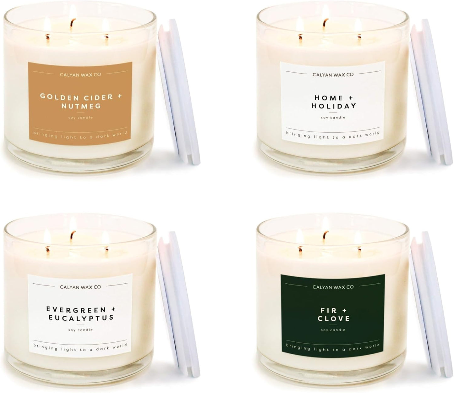 Calyan Wax Co. Holiday Scented Candle Set, Holiday Bundle of 4 Scented Candles, Bulk 3 Wick Candles, Non Toxic & Vegan Soy Wax, Candle Gift Set, 43 Hour Burn Time, 14.9oz Each