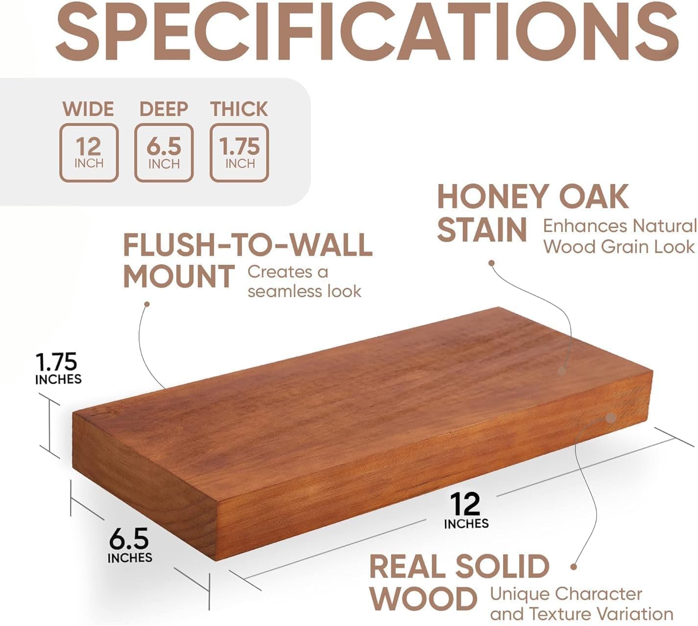 Homeforia 12 inch Oak Floating Shelf, High End Solid Real Wood 12inch Small Floating Shelves for Wall Mounted, Honey Oak Wooden 12in Floating Shelves, Heavy Duty Bracket, 12 X 6.5 X 1.75 in, Set of 4