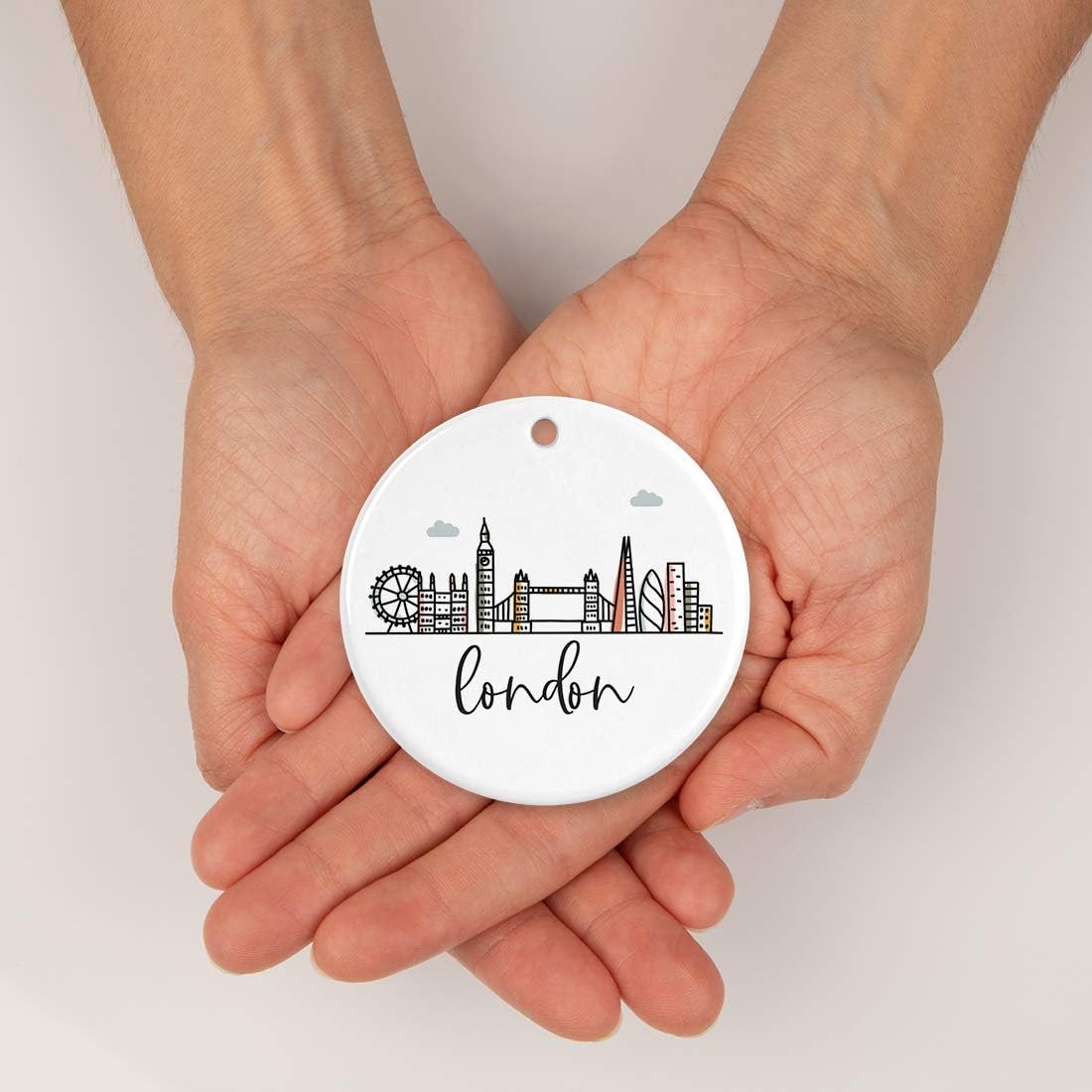 Andaz Press Round Ceramic Porcelain Christmas Tree Ornament Keepsake Gift, London, Colorful International City Skyline Graphic, 1-Pack, Birthday Ideas Family Coworker Him Her, Gift Box