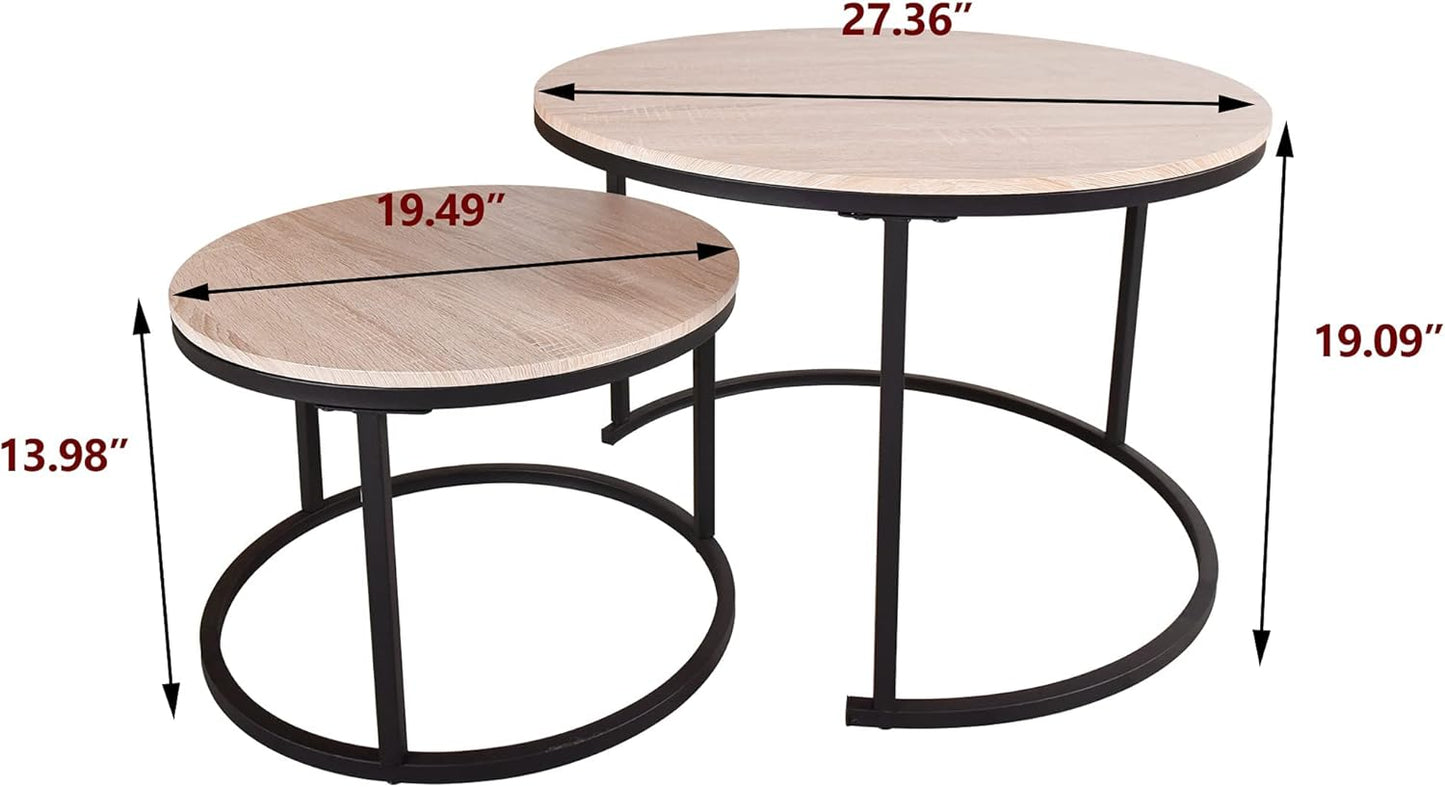Round Coffee Tables Nesting Side Set of 2 End Tables for Living Room,Round Table with Solid Powder-Coated Metal Frame Natural Wood Color