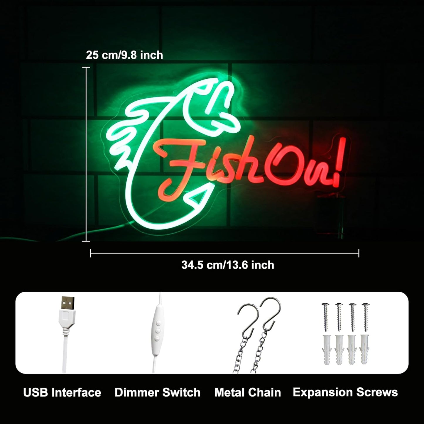 Fish On Neon Sign Go Fishing LED Signs for Wall Green Red Neon Light Dimmable Neon Lights Signs Fish Neon Light Up Sign for Bedroom Living Room Man Cave Yacht Decor Men Gifts
