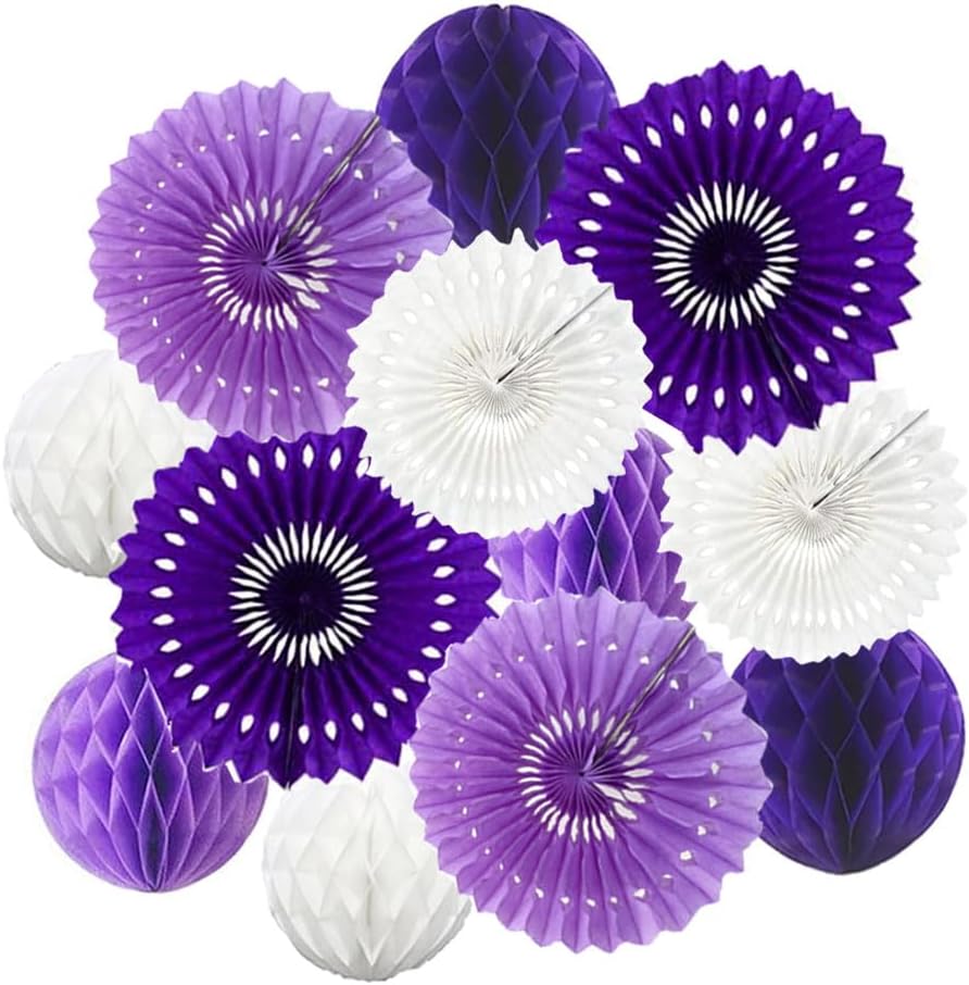 12pcs 6’’ 8’’ Honeycomb Balls Tissue Paper Fans Party Honeycomb Ball Fans Wall Tissue Pom Poms Flower Balls Hanging Paper Fans for Party Baby Shower Birthday Wedding Nursery Decor(White Purple kit)