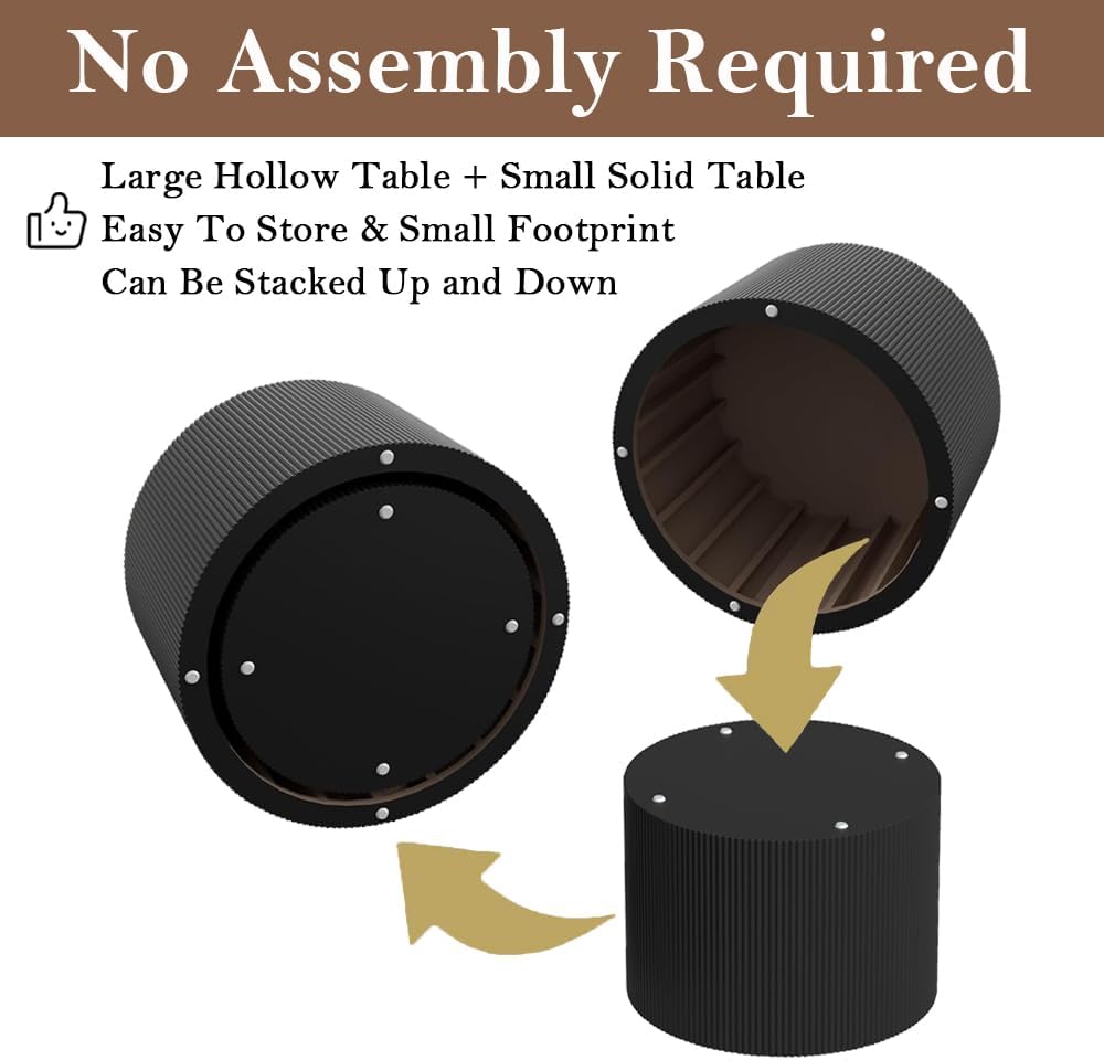 Round Nesting Coffee Table Black Round Fluted Coffee Table Set of 2 for Living Room Small Circle Drum Nested Coffee Tables (Black A 27in)