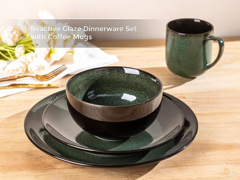 LERATIO Ceramic Dinnerware Sets for 4,16-Piece Reactive Glaze Plates and Bowls Set with Mugs,Highly Chip and Crack Resistant | Dishwasher,Microwave & Oven Safe Dishes set-Green