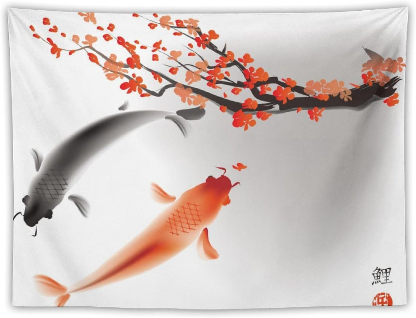 Houselerax Japanese Koi Fish Tapestry, Cherry Blossoms Asian Oriental Flower Branch Koi Fish Carp Tapestries Wall Hanging for Bedroom Living Room Office Decor 90"x60"