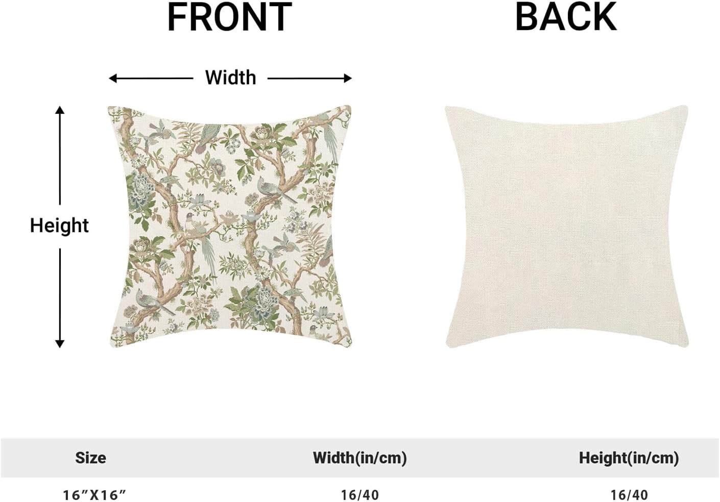 CXMEIFLY Chinoiserie Spring Pillow Covers 16 x 16 Inch Set of 2 for Sage Green Blue Vintage Flowers Bird Decor Throw Pillows Plant Farmhouse Outdoor Decorative Cushion Cases for Couch Bed Decorations