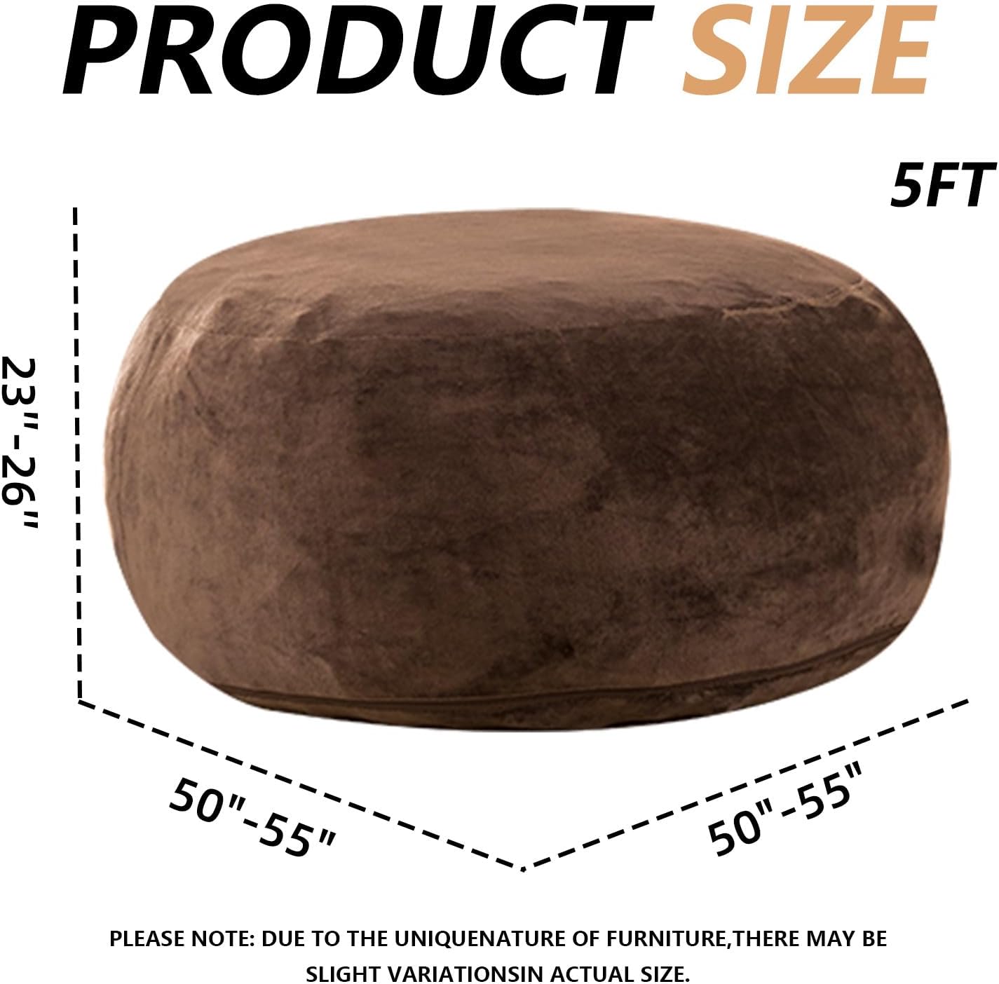 5FT，Big Bean Bag Chairs for Adults，Large beanbag with Filler Included，Memory Foam Material，Easy to Clean and Washable Corduroy Fabric，Suitable for Living Room and Bedroom (Coffee Color, 5 Foot)