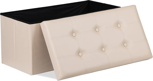 SUPER DEAL Folding Storage Ottoman Bench, 30 Inches Footrest Storage Bin with Padded Seat, Entryway Shoe Bench for Living Room Bedroom, 30"x15"x15", Faux Leather, Beige