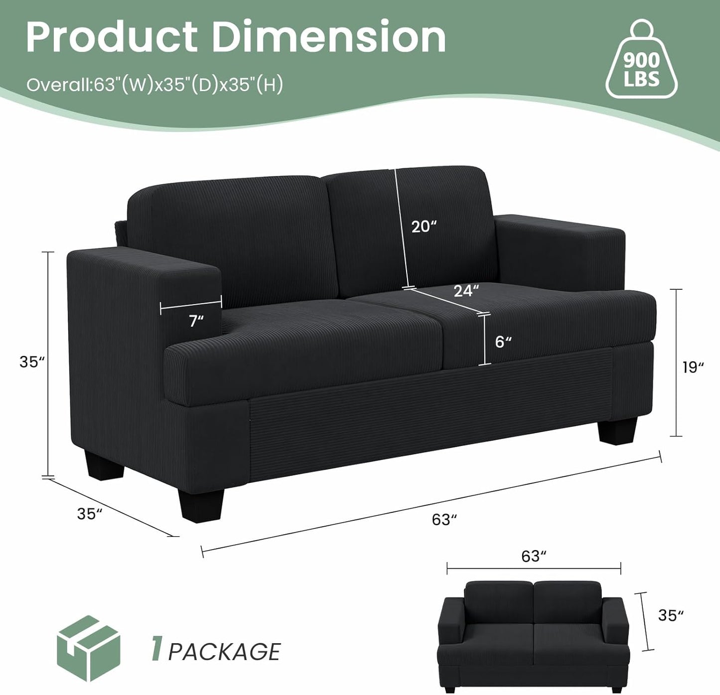 3 Pieces Corduroy Couch Set for Living Room, 8 Seats Cloud Sofa, Deep Seat Floor Couch for Bedroom, Futon Modern Sofa Sectional Bed, Black Corduroy