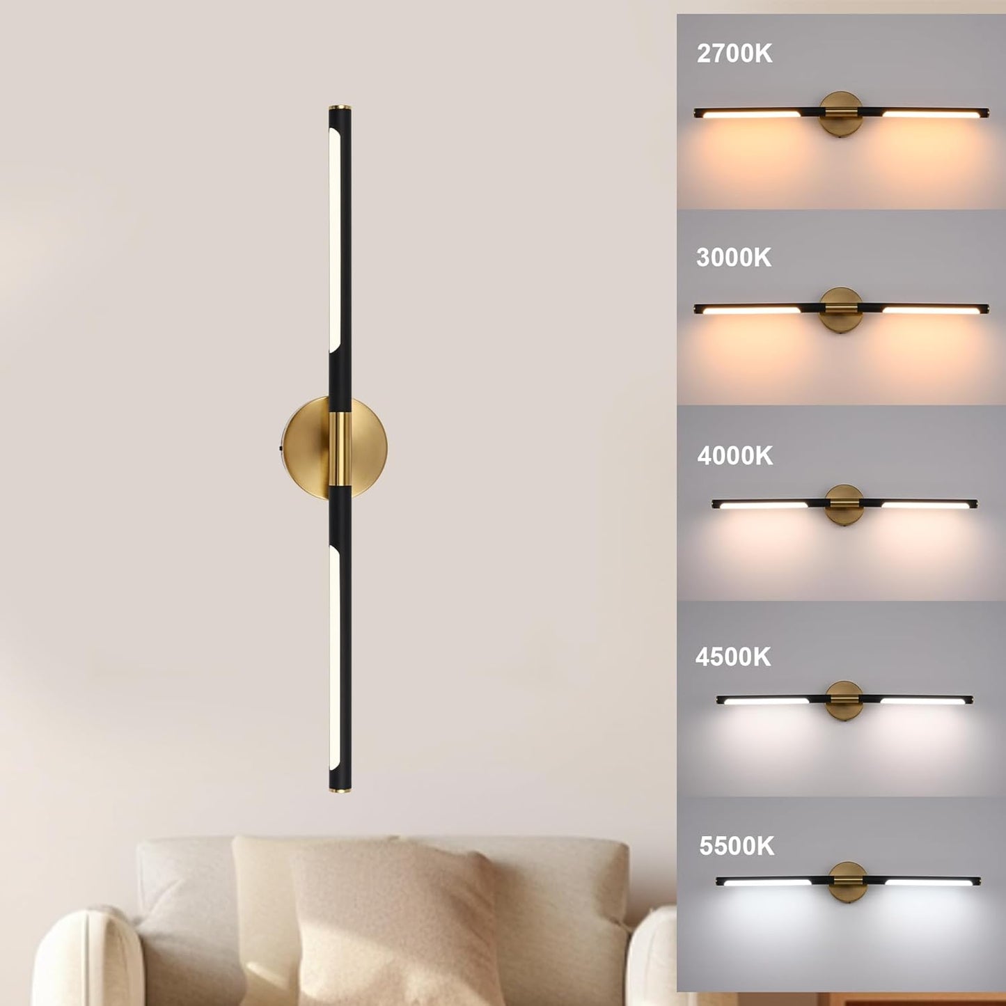 BONLICHT Bathroom Light Fixtures Over Mirror 24 Inch, 12W 350°Rotatable Dimmable 2700-5500K LED Wall Vanity Light Bar Black and Brushed Brass Modern Bathroom Vanity Lights picture and display lighting