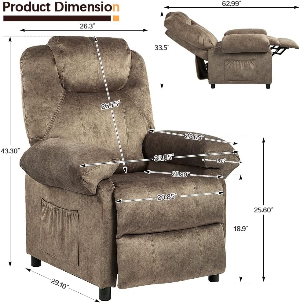KCREAM Massage Recliner Chair with Heat,Overstuffed Fabric Recliner Chairs with Heating,Small Recliner for Living Room Bedroom, Manual Reclining Single Sofa Recliners Lounge Chair for Adult,Brown