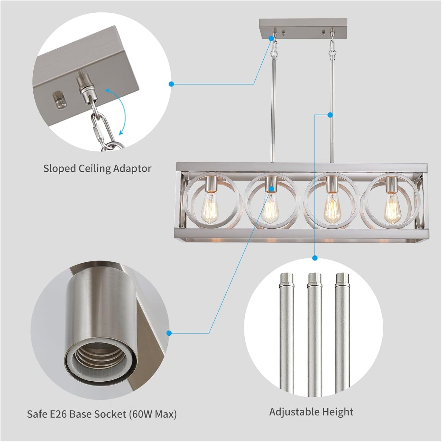 XINGQI Linear Chandelier Brushed Nickel Kitchen Island Light Fixtures 31.5" Rectangle Dining Room Chandeliers, Farmhouse Hanging Large 4-Light Rustic Metal Living Room Office Pendant Lighting