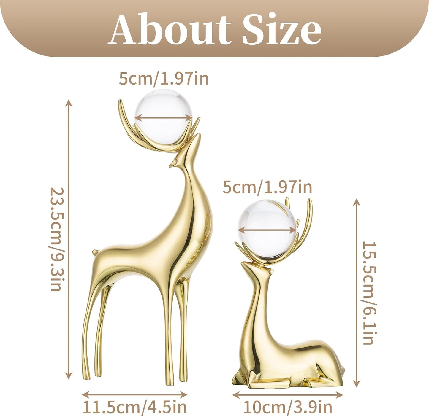 Sziqiqi Brass Reindeer Christmas Statue - Deer Sculpture for Living Room Decor - Gold Metal Reindeer Antler Animal for Tabletop