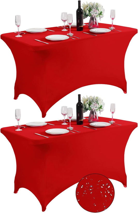 SuperO 2Pack Waterproof Spandex Table Cover for 4FT Table Universal Fitted Stretch Tablecloth for Party, Banquet, Wedding and Events-Red