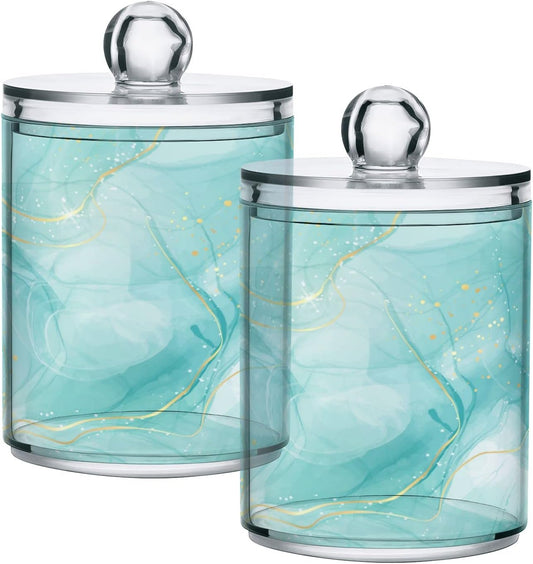2 Pack Qtip Holder Dispenser Turquoise Marble Bathroom Storage Canister Lid Acrylic Plastic Apothecary Jar Set Vanity Makeup Organizer for Cotton Swabs/Pads/Floss