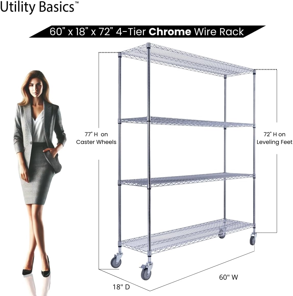 60"x18"x72" Chrome Premium Metal Steel Wire Shelving 4-Tier NSF 3200 LBS MAX Capacity Heavy Duty Storage Rack for Garages, Commercial Spaces, Hospitals, & Schools w/Premium Wheels